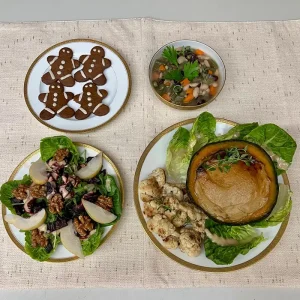Vegan feast with 4 savory dishes and gingerbread cookies